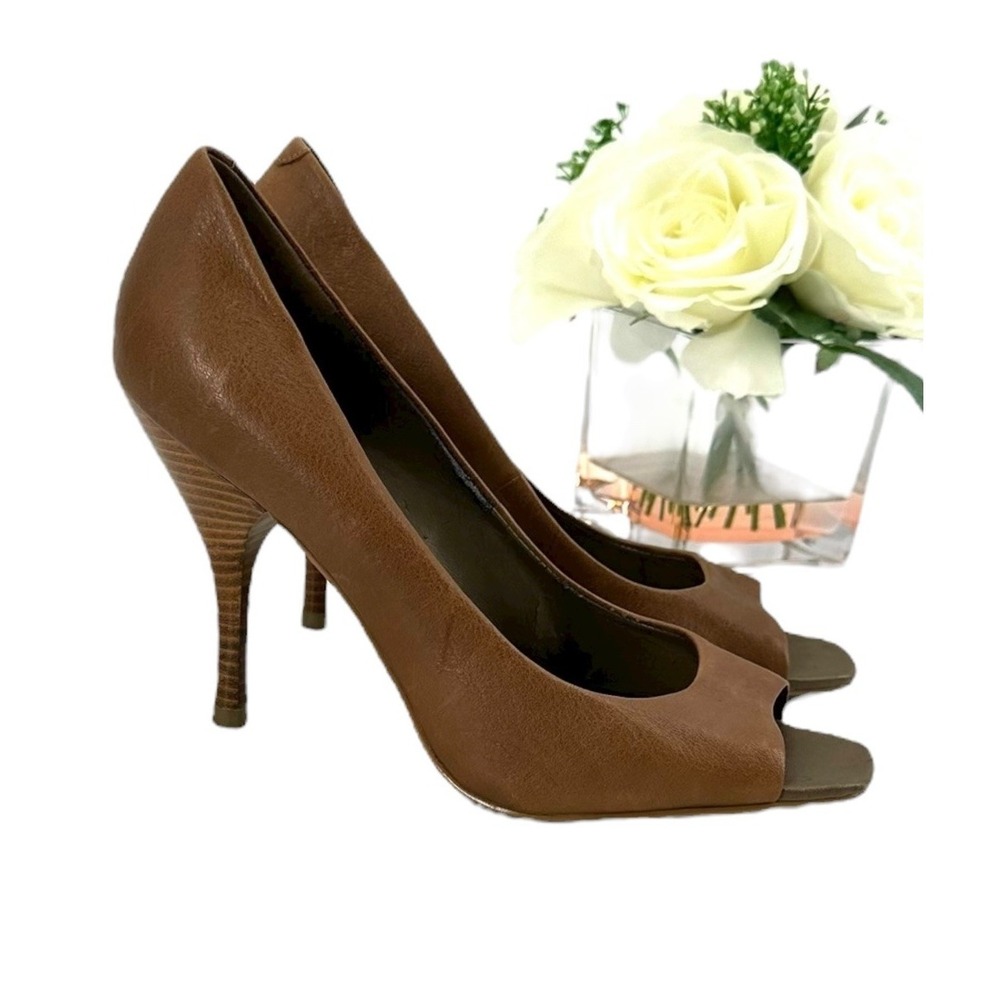BCBG Peep Toe Pumps Women's Size 9 Heels Brown Leather *See